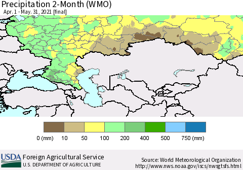 Russian Federation Precipitation 2-Month (WMO) Thematic Map For 4/1/2021 - 5/31/2021