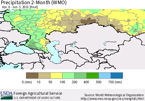 Russian Federation Precipitation 2-Month (WMO) Thematic Map For 4/6/2021 - 6/5/2021
