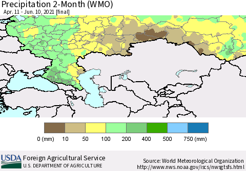 Russian Federation Precipitation 2-Month (WMO) Thematic Map For 4/11/2021 - 6/10/2021