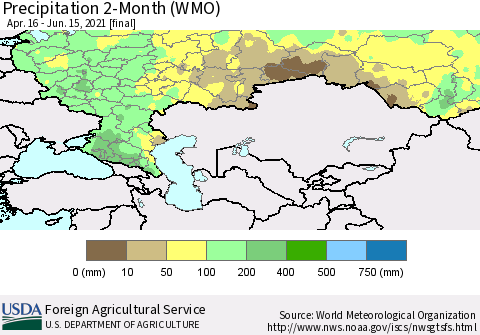 Russian Federation Precipitation 2-Month (WMO) Thematic Map For 4/16/2021 - 6/15/2021