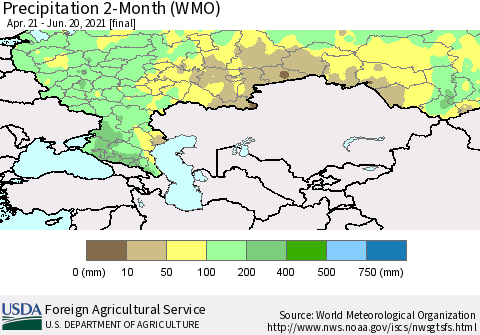 Russian Federation Precipitation 2-Month (WMO) Thematic Map For 4/21/2021 - 6/20/2021