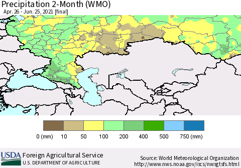 Russian Federation Precipitation 2-Month (WMO) Thematic Map For 4/26/2021 - 6/25/2021