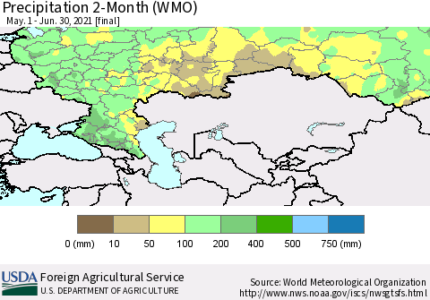 Russian Federation Precipitation 2-Month (WMO) Thematic Map For 5/1/2021 - 6/30/2021