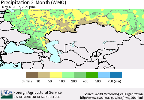 Russian Federation Precipitation 2-Month (WMO) Thematic Map For 5/6/2021 - 7/5/2021