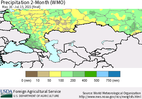 Russian Federation Precipitation 2-Month (WMO) Thematic Map For 5/16/2021 - 7/15/2021