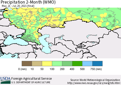 Russian Federation Precipitation 2-Month (WMO) Thematic Map For 5/21/2021 - 7/20/2021
