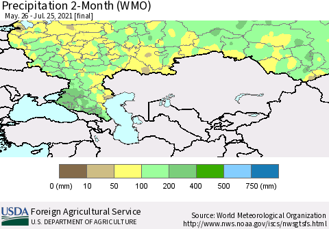 Russian Federation Precipitation 2-Month (WMO) Thematic Map For 5/26/2021 - 7/25/2021