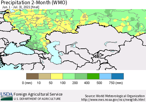 Russian Federation Precipitation 2-Month (WMO) Thematic Map For 6/1/2021 - 7/31/2021