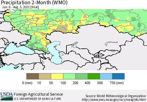Russian Federation Precipitation 2-Month (WMO) Thematic Map For 6/6/2021 - 8/5/2021