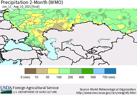 Russian Federation Precipitation 2-Month (WMO) Thematic Map For 6/11/2021 - 8/10/2021