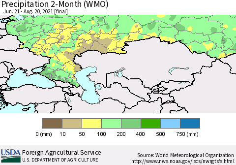 Russian Federation Precipitation 2-Month (WMO) Thematic Map For 6/21/2021 - 8/20/2021
