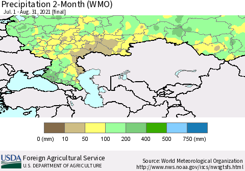 Russian Federation Precipitation 2-Month (WMO) Thematic Map For 7/1/2021 - 8/31/2021