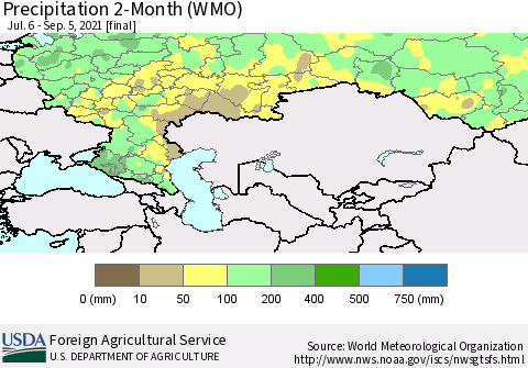 Russian Federation Precipitation 2-Month (WMO) Thematic Map For 7/6/2021 - 9/5/2021