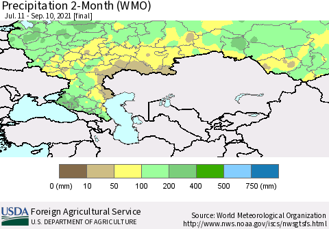 Russian Federation Precipitation 2-Month (WMO) Thematic Map For 7/11/2021 - 9/10/2021