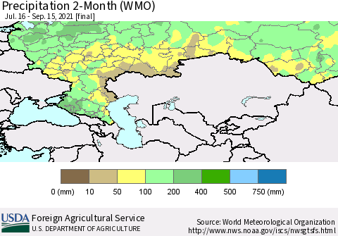 Russian Federation Precipitation 2-Month (WMO) Thematic Map For 7/16/2021 - 9/15/2021