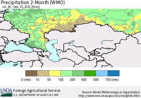 Russian Federation Precipitation 2-Month (WMO) Thematic Map For 7/26/2021 - 9/25/2021