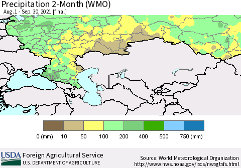 Russian Federation Precipitation 2-Month (WMO) Thematic Map For 8/1/2021 - 9/30/2021