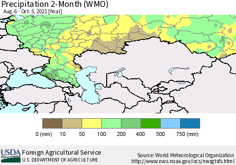 Russian Federation Precipitation 2-Month (WMO) Thematic Map For 8/6/2021 - 10/5/2021