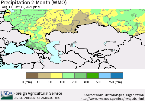Russian Federation Precipitation 2-Month (WMO) Thematic Map For 8/11/2021 - 10/10/2021