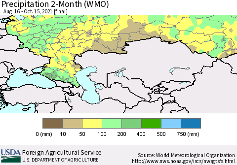 Russian Federation Precipitation 2-Month (WMO) Thematic Map For 8/16/2021 - 10/15/2021