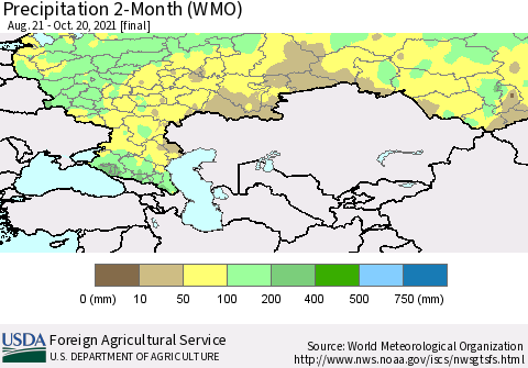 Russian Federation Precipitation 2-Month (WMO) Thematic Map For 8/21/2021 - 10/20/2021
