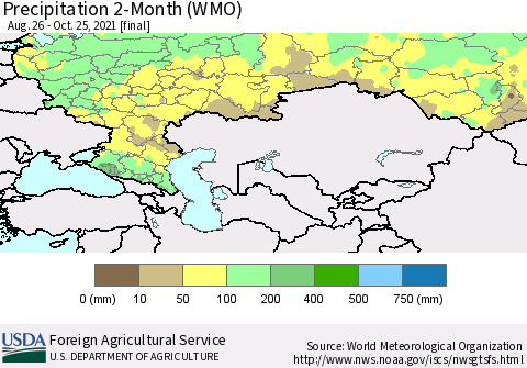 Russian Federation Precipitation 2-Month (WMO) Thematic Map For 8/26/2021 - 10/25/2021