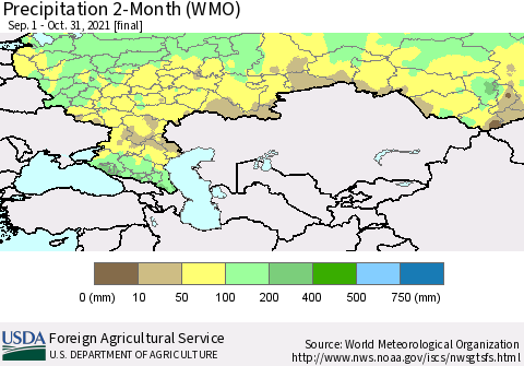 Russian Federation Precipitation 2-Month (WMO) Thematic Map For 9/1/2021 - 10/31/2021