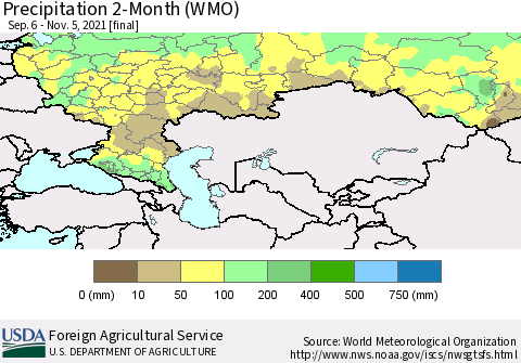 Russian Federation Precipitation 2-Month (WMO) Thematic Map For 9/6/2021 - 11/5/2021