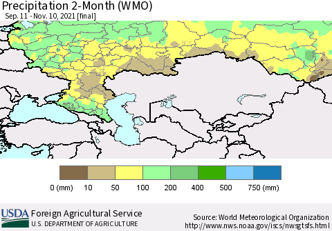 Russian Federation Precipitation 2-Month (WMO) Thematic Map For 9/11/2021 - 11/10/2021