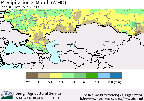 Russian Federation Precipitation 2-Month (WMO) Thematic Map For 9/16/2021 - 11/15/2021