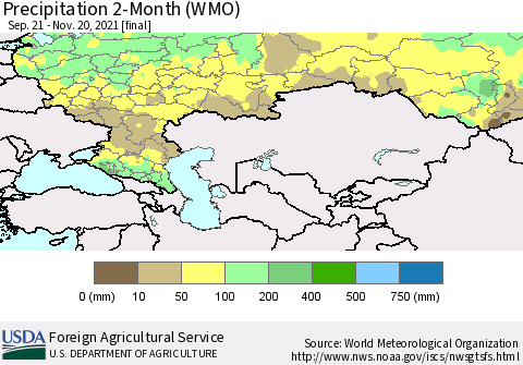 Russian Federation Precipitation 2-Month (WMO) Thematic Map For 9/21/2021 - 11/20/2021