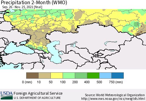Russian Federation Precipitation 2-Month (WMO) Thematic Map For 9/26/2021 - 11/25/2021