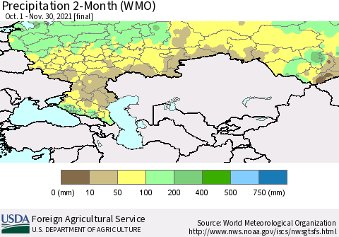 Russian Federation Precipitation 2-Month (WMO) Thematic Map For 10/1/2021 - 11/30/2021