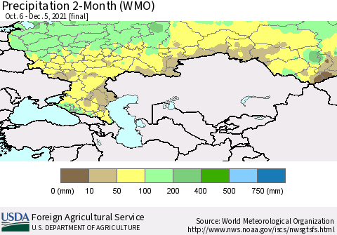 Russian Federation Precipitation 2-Month (WMO) Thematic Map For 10/6/2021 - 12/5/2021