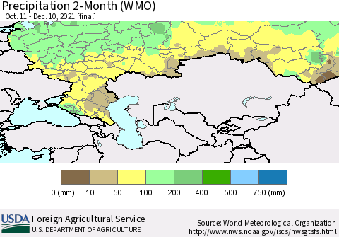 Russian Federation Precipitation 2-Month (WMO) Thematic Map For 10/11/2021 - 12/10/2021