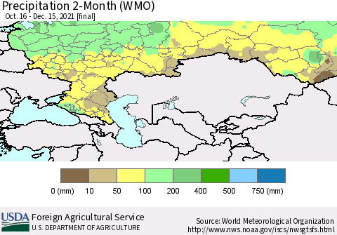 Russian Federation Precipitation 2-Month (WMO) Thematic Map For 10/16/2021 - 12/15/2021