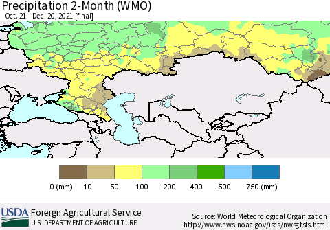 Russian Federation Precipitation 2-Month (WMO) Thematic Map For 10/21/2021 - 12/20/2021