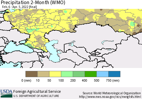 Russian Federation Precipitation 2-Month (WMO) Thematic Map For 2/6/2022 - 4/5/2022