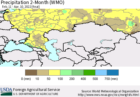 Russian Federation Precipitation 2-Month (WMO) Thematic Map For 2/11/2022 - 4/10/2022