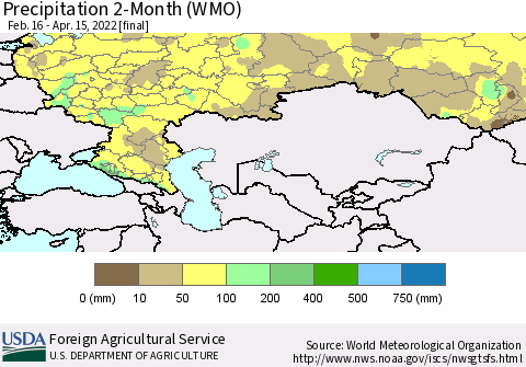 Russian Federation Precipitation 2-Month (WMO) Thematic Map For 2/16/2022 - 4/15/2022