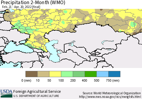 Russian Federation Precipitation 2-Month (WMO) Thematic Map For 2/21/2022 - 4/20/2022