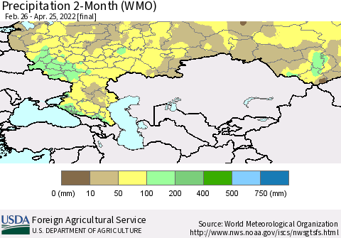 Russian Federation Precipitation 2-Month (WMO) Thematic Map For 2/26/2022 - 4/25/2022