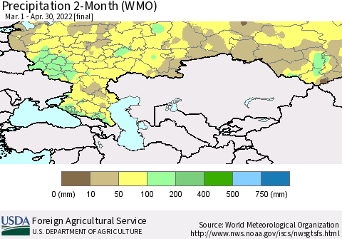 Russian Federation Precipitation 2-Month (WMO) Thematic Map For 3/1/2022 - 4/30/2022