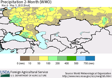 Russian Federation Precipitation 2-Month (WMO) Thematic Map For 3/6/2022 - 5/5/2022