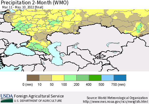 Russian Federation Precipitation 2-Month (WMO) Thematic Map For 3/11/2022 - 5/10/2022