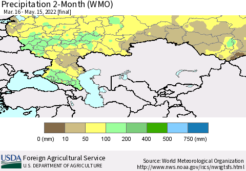 Russian Federation Precipitation 2-Month (WMO) Thematic Map For 3/16/2022 - 5/15/2022