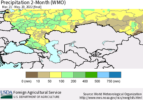 Russian Federation Precipitation 2-Month (WMO) Thematic Map For 3/21/2022 - 5/20/2022