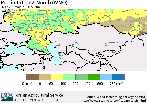 Russian Federation Precipitation 2-Month (WMO) Thematic Map For 3/26/2022 - 5/25/2022