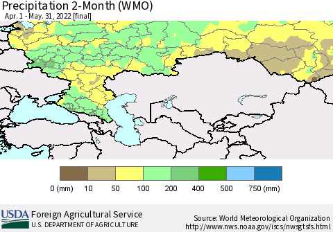 Russian Federation Precipitation 2-Month (WMO) Thematic Map For 4/1/2022 - 5/31/2022