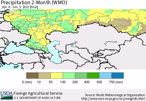 Russian Federation Precipitation 2-Month (WMO) Thematic Map For 4/6/2022 - 6/5/2022